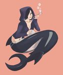  black_hair breasts bubble cleavage clothed clothing crystal_ball elodye-x female fish hair hoodie jewelry madam_shyarly marine merfolk midriff one_piece pipe shark simple_background solo 