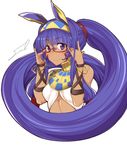  bangle bespectacled bracelet commentary_request cropped_torso dark_skin egyptian_clothes facial_mark fate/grand_order fate_(series) fue_(rhomphair) glasses hairband jewelry long_hair nitocris_(fate/grand_order) purple_eyes purple_hair red-framed_eyewear signature simple_background smile solo upper_body very_long_hair white_background 
