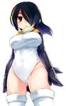  ass_visible_through_thighs black_hair breasts brown_eyes emperor_penguin_(kemono_friends) hair_over_one_eye headphones highleg highleg_leotard kemono_friends large_breasts leotard long_hair looking_at_viewer mikan_(ama_no_hakoniwa) multicolored_hair simple_background solo thighhighs thighs white_background white_legwear white_leotard 
