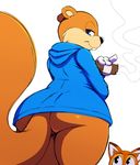 2017 anthro black_eyes black_nose blue_eyes buckteeth butt canine cigar clothing conker conker&#039;s_bad_fur_day crossover duo fox half-closed_eyes hi_res holding_object jacket lucky&#039;s_tale lucky_the_fox male mammal rodent simple_background squirrel sssonic2 teeth video_games white_background 