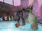  2017 alcohol anthro beverage canine cat cup detailed_background dog duo feline great_dane holding_cup male male/male mammal open_mouth paintfox swimming_pool water 