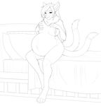  anthro bed bed_sheet bedding belly big_belly breasts chest_tuft feline female fur hand_on_breast idlehq lactating lilith_(azria) looking_at_viewer mammal milk monochrome multi_tail navel nude pillow pregnant seductive sitting tuft whiskers 