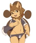  2017 4_fingers anthro black_nose briefs brown_eyes brown_fur brown_hair chest_tuft claws clothed clothing cub fur hair happy inner_ear_fluff looking_at_viewer mammal moki navel open_mouth partially_clothed pawpads paws short_hair simple_background smile standing teeth tongue tuft underwear underwear_pull white_background young 