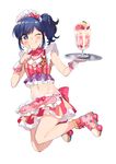  ;) aikatsu! aikatsu!_(series) apron bangs blue_eyes blue_hair blush boots bow crop_top earrings eyebrows_visible_through_hair finger_to_mouth food frilled_apron frilled_skirt frills fruit hair_bow hairband heart heart-shaped_pupils holding holding_tray jewelry jumping kiriya_aoi legs_up midriff miniskirt navel necklace onbin_ha one_eye_closed outstretched_arm parfait polka_dot polka_dot_bow roller_skates shirt short_hair side_ponytail simple_background skates skirt sleeveless sleeveless_shirt smile solo strawberry striped symbol-shaped_pupils tongue tongue_out tray vertical-striped_skirt vertical_stripes waitress white_background wrist_cuffs 