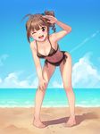  ;d ahoge armpits bangs barefoot beach bent_over bikini black_bikini blue_sky breasts brown_hair cleavage cloud collarbone day drill_hair eyebrows_visible_through_hair full_body hair_ornament hair_scrunchie hand_on_own_knee hand_up idolmaster idolmaster_million_live! kamille_(vcx68) leaning_forward long_hair looking_at_viewer medium_breasts navel ocean one_eye_closed open_mouth outdoors purple_eyes sand scrunchie side-tie_bikini side_ponytail sidelocks sky smile solo standing stomach swimsuit teeth toes water_drop wet yokoyama_nao 