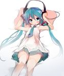  aqua_eyes aqua_hair blush hands_on_headphones hatsune_miku headphones headphones_removed highres hiyo_kotori long_hair looking_at_viewer lying necktie on_back open_mouth pillow skirt solo thighhighs twintails very_long_hair vocaloid white_legwear 