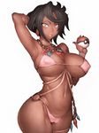  arm_up armpits bikini black_hair breasts cameltoe covered_nipples curvy dark_skin earrings fumio_(rsqkr) jewelry large_breasts lips looking_at_viewer lychee_(pokemon) navel necklace o-ring o-ring_bottom parted_lips pink_bikini pokemon pokemon_(game) pokemon_sm short_hair simple_background solo swimsuit thick_thighs thighs white_background wide_hips 
