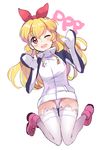  ;d aikatsu! aikatsu!_(series) bangs blonde_hair boots cosplay eyebrows_visible_through_hair full_body group_name hair_ribbon headphones hoshimiya_ichigo jacket jumping kemono_friends legs_up long_hair long_sleeves looking_at_viewer mittens onbin_ha one_eye_closed open_mouth panties pantyshot pink_footwear red_eyes red_ribbon ribbon royal_penguin_(kemono_friends) royal_penguin_(kemono_friends)_(cosplay) simple_background smile solo thighhighs underwear white_background white_legwear white_panties 