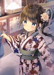  :t \_/ absurdres blue_eyes blush brown_hair flower hair_flower hair_ornament highres japanese_clothes kimono long_hair looking_at_viewer midorikawa_you obi original outdoors pout sash side_ponytail solo standing tears white_flower yukata 