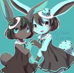  2girls black_hair brown_eyes furry kemoribon multiple_girls rabbit teal_eyes teal_hair twins two-tone_hair 