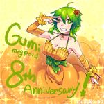  ;d ahoge anniversary arm_up bangs bare_shoulders black_choker blush bow breasts bridal_gauntlets caffein character_name choker cleavage collarbone commentary_request dress elbow_gloves eyebrows_visible_through_hair fingerless_gloves flower gloves gradient gradient_background green_bow green_eyes green_hair grin gumi hair_between_eyes hair_flower hair_ornament halterneck large_breasts looking_at_viewer nail_polish one_eye_closed open_mouth orange_dress orange_gloves orange_nails parted_lips rose rose_hair_ornament sash short_hair_with_long_locks sidelocks skirt_hold sleeveless sleeveless_dress smile solo sparkle standing star star-shaped_pupils symbol-shaped_pupils teeth underbust v v_over_eye vocaloid yellow_background 