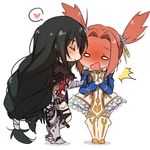  2girls armor belt black_hair blush boots breasts coat dress eleanor_hume eyes_closed gloves heart jacket multiple_girls open_mouth red_hair short_shorts shorts smile tales_of_(series) tales_of_berseria thigh_boots torn_clothes twintails velvet_crowe very_long_hair 