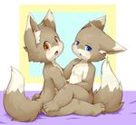  4_toes anthro blue_eyes blush brown_eyes brown_fur canine child cub fox fur looking_at_viewer male mammal norphen open_mouth sitting toes white_fur young 