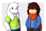  abstract_background asriel_dreemurr azenzeph boss_monster caprine child duo eyes_closed fur goat human long_ears mammal protagonist_(undertale) scarf simple_background stripes undertale video_games white_fur young 