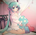  aqua_eyes aqua_hair bed blush finger_to_mouth hatsune_miku headphones headphones_removed highres hiyo_kotori long_hair looking_at_viewer pillow shushing side_ponytail sitting solo very_long_hair vocaloid 