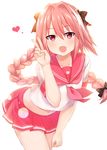  :d absurdres akky_(akimi1127) astolfo_(fate) black_ribbon braid fang fate/apocrypha fate/grand_order fate_(series) hair_ribbon heart highres long_hair looking_at_viewer male_focus midriff navel open_mouth otoko_no_ko pink_eyes pink_hair pink_skirt red_sailor_collar red_skirt ribbon sailor_collar school_uniform serafuku short_sleeves simple_background single_braid skirt smile solo v white_background 