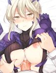  1girl areolae armor artoria_pendragon_(all) artoria_pendragon_(lancer_alter) assisted_exposure bed_sheet blonde_hair blush breasts closed_mouth commentary_request cum cum_on_body cum_on_breasts cum_on_upper_body deep_skin erection eyebrows_visible_through_hair fate/grand_order fate_(series) hair_between_eyes hetero horns large_breasts long_sleeves nipples paizuri penis revision sabujiroko short_hair sidelocks solo_focus sweat sweatdrop underboob upper_body yellow_eyes 