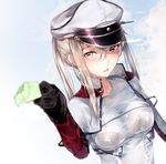  :d absurdres bad_id bad_pixiv_id bird black_bra black_gloves blonde_hair blush bra breasts capelet cloud cloudy_sky commentary day flock food giving gloves graf_zeppelin_(kantai_collection) grey_eyes hair_between_eyes hat high_collar highres holding holding_food hplay impossible_clothes jacket kantai_collection lace lace-trimmed_bra long_hair long_sleeves looking_at_viewer medium_breasts open_mouth outdoors outstretched_arm peaked_cap popsicle reaching_out revision see-through sidelocks sky smile solo taut_clothes tsurime twintails underwear upper_body wet wet_clothes wet_hair white_jacket 