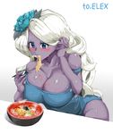  blue_eyes blue_flower blue_lipstick blue_nails breasts chopsticks cleavage dungeon_and_fighter eating flower food hair_flower hair_ornament hair_tucking highres holding holding_chopsticks huge_breasts lipstick long_hair makeup nail_polish noodles one-piece_swimsuit pointy_ears purple_skin ramen sharan_(dungeon_and_fighter) sni solo sweatdrop swimsuit very_long_hair white_hair 