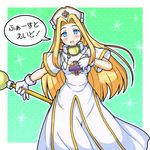  1girl blonde_hair blue_eyes blush breasts dress gloves hat long_hair mint_adenade open_mouth staff tales_of_(series) tales_of_phantasia weapon 