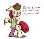  2016 annoyed apple_bloom_(mlp) apron bandanna biped clothing cub cutie_mark dialogue earth_pony equine female feral friendship_is_magic hair heir-of-rick horse mammal my_little_pony pony red_hair simple_background young 