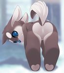  2016 anthro blue_eyes butt canine featureless_crotch fur looking_back mammal multicolored_fur nude presenting presenting_hindquarters raised_tail signature simple_background solo white_fur zapa 