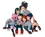  6+girls :d angiensca artist_name ashido_mina asui_tsuyu black_eyes black_hair black_legwear black_sclera blue_hair blush_stickers boku_no_hero_academia brown_eyes commentary dated earplugs freckles green_hair green_pants green_skirt grey_eyes grey_legwear hagakure_tooru high_ponytail highres horns invisible jack_plug jirou_kyouka juice_box leaning_on_person loafers long_hair long_sleeves long_tongue looking_at_another messy_hair midoriya_izuku multiple_girls necktie notebook open_mouth pants pantyhose pink_hair pink_skirt pleated_skirt pointing ponytail reading red_footwear red_neckwear school_uniform shoes short_hair sidelocks signature simple_background sitting skirt smile sneakers socks teeth tongue tongue_out twitter_username uraraka_ochako white_background yaoyorozu_momo yellow_eyes 