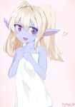  absurdres blonde_hair blue_skin blush dress exposed_shoulders fangs female hand_on_chest heart highres holding_clothes holding_object league_of_legends pink_background pointy_ears poppy purple_eyes simple_background solo sundress tied_hair twintails 