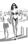  1boy 1girl age_difference artist_request bikini breasts hand_holding high_heels large_breasts monochrome outside pool shorts smile sunglasses swimming_trunks tagme wine_glass 