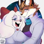  2017 anthro big_breasts blue_eyes blush bow breasts canine clothed clothing dog duo ear_piercing fay_spaniel feline female fully_clothed fur lionalliance looking_at_viewer lynx mammal miyu_lynx nintendo one_eye_closed open_mouth open_smile piercing smile star_fox striped_fur stripes video_games white_fur 