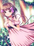  antenna_hair bangs bare_shoulders breasts brown_eyes brown_hair choker dress hakusai_ponzu hands_on_own_chest looking_at_viewer pink_dress puffy_sleeves reala red_choker short_hair small_breasts solo tales_of_(series) tales_of_destiny_2 tree 