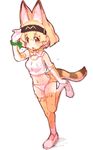  adapted_costume animal_ears blonde_hair bow bowtie breasts commentary elbow_gloves full_body gloves hairband highres japan_racing_association kemono_friends logo medium_breasts midriff navel open_mouth print_gloves print_legwear print_neckwear serval_(kemono_friends) serval_ears serval_girl serval_tail shoes short_hair simple_background solo sportswear standing standing_on_one_leg sweat tail tank_top teranekosu thighhighs white_background wristband yellow_eyes 