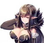  black_hair breasts brown_eyes detached_sleeves dress fate/apocrypha fate_(series) fur_coat garutaisa large_breasts long_hair pointy_ears semiramis_(fate) simple_background slit_pupils solo upper_body white_background 