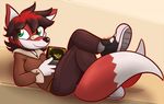  2017 2_tails 3ds anthro bandage black_footwear black_hair black_nose black_topwear brown_topwear canine clothing felino footwear fox fur green_eyes hair looking_away lying mammal multi_tail nintendo pants red_fur red_hair shoes simple_background smile solo tan_background video_games white_fur 