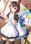  :3 :o ;) alternate_costume apron aqua_(konosuba) bangs bat_wings black_dress black_hair black_legwear blue_dress blue_eyes blue_hair blue_ribbon broom brown_hair cake cherry_blossoms chomusuke closed_mouth commentary_request cup day dress enmaided eyebrows_visible_through_hair fang finger_to_mouth food frilled_dress frills fruit hair_rings highres holding holding_broom holding_tray indoors ji_dao_ji juliet_sleeves kono_subarashii_sekai_ni_shukufuku_wo! latin_cross long_hair long_sleeves looking_at_another looking_at_viewer looking_to_the_side maid megumin multiple_girls neck_ribbon one_eye_closed pantyhose poster_(object) puffy_short_sleeves puffy_sleeves red_eyes ribbon shiny shiny_hair short_hair_with_long_locks short_sleeves skindentation smile standing standing_on_one_leg strawberry sunlight teacup teapot thighhighs tray white_apron window wings wooden_wall wrist_cuffs yellow_eyes 