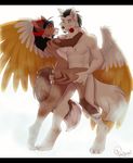  anthro black_bars black_nose breasts canine dancing digitigrade duo feathered_wings feathers female fur horn hybrid male mammal nude purrchinyan red_eyes smile standing white_fur wings wolf yellow_feathers 
