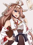  absurdres ahoge blush breasts brown_hair collarbone double_bun eyebrows_visible_through_hair hairband hand_on_hip highres kanachirou kantai_collection kongou_(kantai_collection) large_breasts long_hair looking_at_viewer nontraditional_miko open_mouth purple_eyes remodel_(kantai_collection) smile solo upper_body 