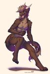  4_toes 5_fingers anthro brown_fur digitigrade dragon fur furred_dragon green_eyes horn lukiri male nude open_mouth simple_background smile solo teeth toes tongue white_background 