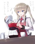  :d apron blonde_hair blue_eyes coffee coffee_maker_(object) collared_shirt cup graf_zeppelin_(kantai_collection) hair_between_eyes highres holding kantai_collection kettle long_hair long_sleeves necktie open_mouth red_neckwear shirt sidelocks smile solo translation_request twintails white_background white_shirt xenonstriker 