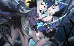  black_feathers black_lipstick breasts chain cleavage clone come_hither drill_hair emilia_leblanc highres league_of_legends lipstick looking_at_viewer makeup medium_breasts multiple_girls one_eye_closed purple_eyes qidai ravenborn_leblanc short_hair tiara twin_drills white_hair 