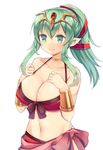  bikini bracer breasts chiki choker cleavage fire_emblem fire_emblem:_kakusei fire_emblem:_monshou_no_nazo fire_emblem_heroes front-tie_bikini front-tie_top green_eyes green_hair highres large_breasts looking_away mamkute navel pointy_ears ponytail shiny shiny_skin shira_yu_ki simple_background smile solo stomach strap_gap swimsuit tiara 