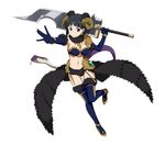  anklet black_eyes black_hair black_legwear blue_gloves boots bracelet breasts cleavage cosplay elbow_gloves fake_horns full_body gloves holding holding_sword holding_weapon jewelry kirigaya_suguha leg_up looking_at_viewer medium_breasts midriff navel official_art outstretched_arm short_hair sideboob simple_background smile snake snake_tail solo stomach sword sword_art_online sword_art_online:_code_register tail the_gleam_eyes the_gleam_eyes_(cosplay) thigh_boots thighhighs weapon white_background 