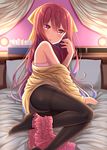  bed bow bra brown_legwear curtains frilled_skirt frills gurande_(g-size) hair_bow highres kamikaze_(kantai_collection) kantai_collection long_hair looking_at_viewer lying on_side panties panties_under_pantyhose pantyhose pillow pink_bra pink_panties purple_eyes red_hair skirt skirt_around_one_leg solo sweater thighband_pantyhose tissue_box underwear yellow_bow 