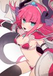  :d armor bangs bikini_armor black_legwear blue_eyes blush bouncing_breasts breasts cape dragon_tail elbow_gloves elizabeth_bathory_(brave)_(fate) elizabeth_bathory_(fate)_(all) eyebrows_visible_through_hair fang fate/extra fate/extra_ccc fate/grand_order fate_(series) gloves horns karokuchitose long_hair looking_at_viewer loose_bikini open_mouth pauldrons pink_hair pointy_ears shield shoulder_pads silver_trim small_breasts smile solo tail thighhighs tiara v-shaped_eyebrows 