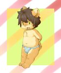  4_toes anthro bear brown_fur brown_hair chest_tuft clothing cub fundoshi fur hair hands_behind_back japanese_clothing looking_at_viewer mammal navel norphen open_mouth pink_nose simple_background slightly_chubby toes tuft underwear yellow_eyes young 