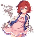  black_eyes blush dress idolmaster idolmaster_cinderella_girls jacket looking_at_viewer murakami_tomoe odawara_hakone open_clothes open_jacket pink_dress red_hair ribbon-trimmed_dress see-through_silhouette short_hair smile solo 