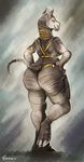  2017 3_toes anthro armlet bedroom_eyes big_butt bikini biped black_fur breasts butt clothed clothing digital_media_(artwork) digital_painting_(artwork) digitigrade eyelashes facial_piercing female fur gold_(metal) gold_jewelry gradient_background grey_background grey_skin hairless half-closed_eyes hand_on_hip hooves huge_butt jewelry looking_at_viewer looking_back mammal necklace nose_chain nose_piercing overweight overweight_female paraceratherium partially_clothed piercing pinup pose quirachen raised_leg raised_tail rear_view rhinoceros seductive side_boob signature simple_background skindentation smile solo standing swimsuit tail_ring tail_tuft toes tuft under_boob wrinkles yellow_eyes 