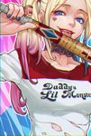  baseball_bat blonde_hair blue_eyes blue_hair blue_nails breasts chromatic_aberration clothes_writing collar dc_comics english harley_quinn heart highres lipstick looking_at_viewer makeup medium_breasts multicolored_hair nail_polish pink_hair red_nails solo suicide_squad tongue tongue_out twintails upper_body yin_(pixiv13480487) 