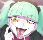  :d aqua_hair bangs biburi_(precure) black_hairband blunt_bangs bow bowtie cum cum_in_eye cum_on_hair facial hairband kirakira_precure_a_la_mode mushiro_(nijie728995) open_mouth precure red_pupils smile solo tongue tongue_out twintails yellow_eyes 