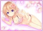  absurdres blush border breasts brown_hair cleavage eyebrows_visible_through_hair flower gochuumon_wa_usagi_desu_ka? hair_flower hair_ornament heart highres hoto_cocoa large_breasts looking_at_viewer nanakusa_amane navel pink_border purple_eyes short_hair smile solo v 